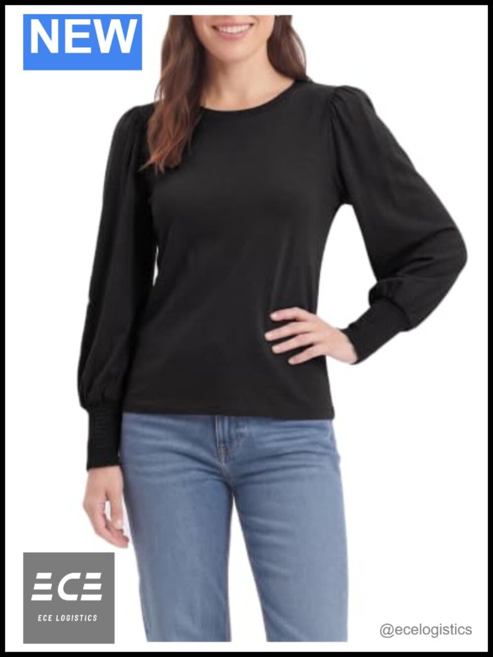 Women's Puff Long Sleeve Smocked Cuff Crew Neck T-Shirt